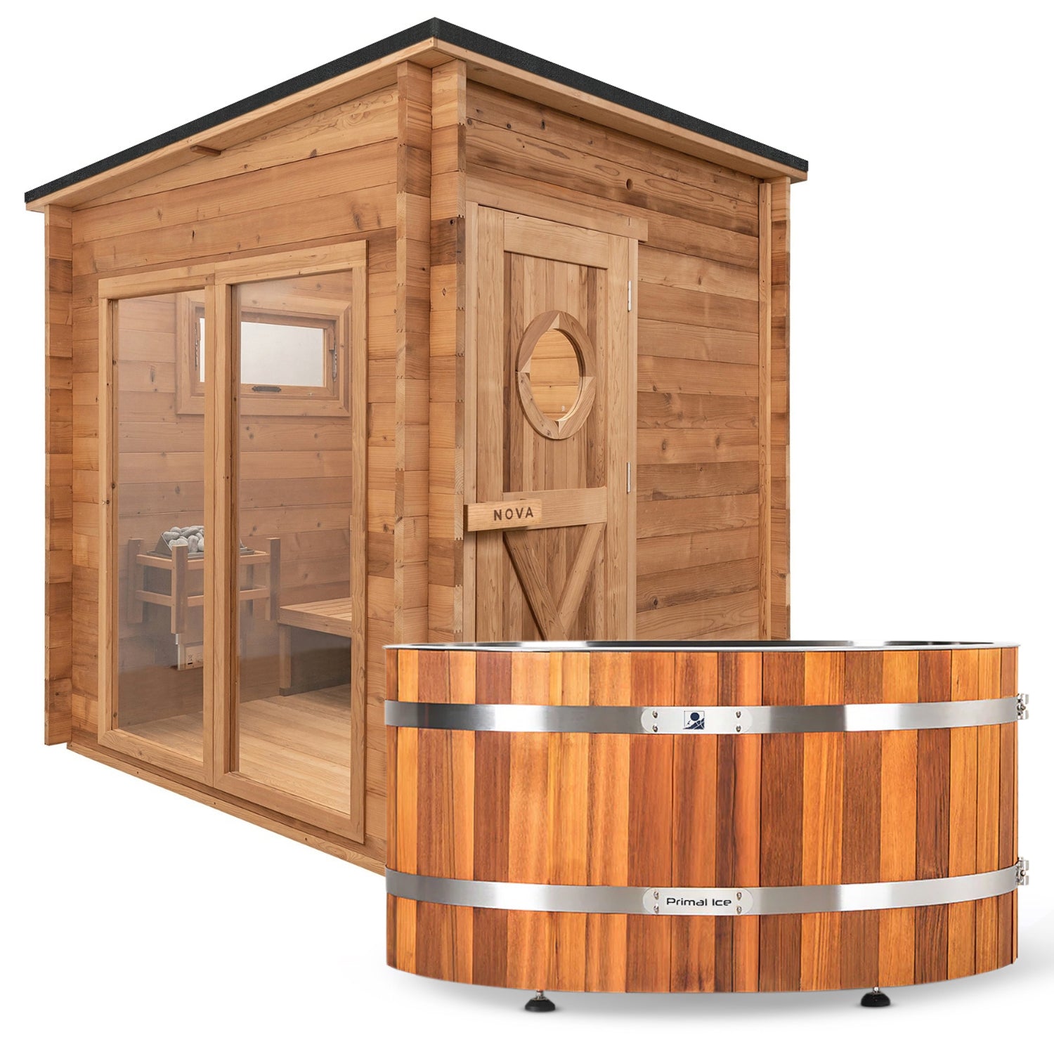 Cedar Max: 8 Person Cedar Sauna + Primal Cedar Ice Bath