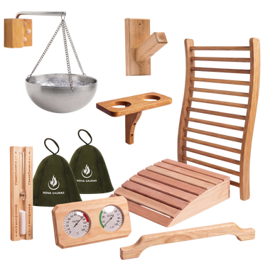 The Nova sauna starter pack: hats, timer, meters, backrest, pillow, bowl and accessories